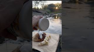 making blueberry pancakes on the river during sunrise cooking [upl. by Burrill]