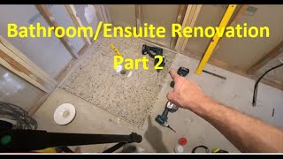 Bathroom Ensuite Renovation Part 2  Puddle Flanges Slab Repair Heated Flooring Sensor amp Sheeting [upl. by Eibrab]