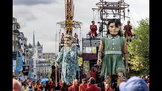 Giant puppets walk on Geneva streets La Saga des Géants Grand Mère Petite Gèante a Switzerland [upl. by Ahsikat]