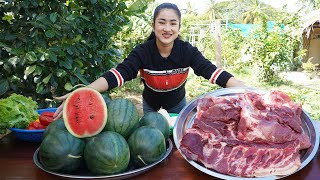 Cooking with Sreypov Yummy watermelon cook with pork  My country style cooking [upl. by Adamok]