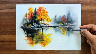 Autumn in misty forest  oil pastel painting for beginner [upl. by Deevan]