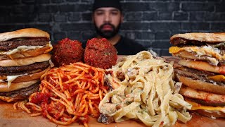 ASMR CHICKEN FETTUCCINE ALFREDO SPAGHETTI amp MEATBALLS AND MCDONALDS MCDOUBLES MUKBANG [upl. by Draner]