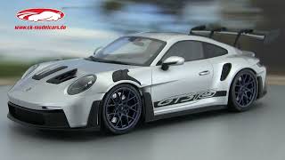 ckmodelcarsvideo Porsche 911 992 GT3 RS silver with blue wheels 2023 Minichamps [upl. by Netsrek418]