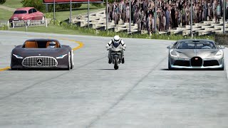 Kawasaki Ninja H2R Supercharged vs Bugatti Divo vs MercedesBenz Vision GT at Old SPA [upl. by Medardas683]