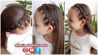 Penteado Infantil fácil com tiara de trança falsa e ligas coloridas [upl. by Lalage]