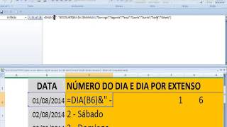 Excel Como exibir ou mostrar o Dia da semana de acordo com seu número e por extenso de data Excel [upl. by Ytineres]