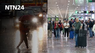 Fuertes lluvias inundan el aeropuerto de Barcelona y provocan cancelación de vuelos y trenes [upl. by Nagyam]