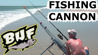 BEACH FISHING CANNON BAIT CASTER 300 YARD CASTING OFFSHORE 6 FOOT SHARKS BUNKER UP FISHING [upl. by Elcin]