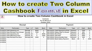 How to create Two Column Cashbook Format  How to create Two column cash book in excel  Cashbook [upl. by Ner]