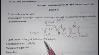 Tolazoline Structure IUPAC Properties Uses Formulation Brand name Adrenergic antagonist drug D Pharm [upl. by Rogovy]