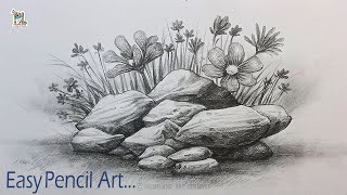 How to draw Easy Decorative Garden Drawing with Small stones and Flowers and grass [upl. by Senalda457]