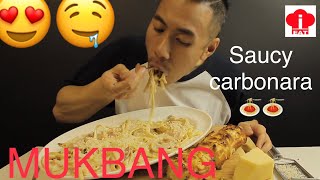 MUKBANG EXTRA CREAMY BACON CARBONARA FETTUCCINEGARLIC BREADHOME MADE WARNING LOUD SLURPING [upl. by Ninnetta]