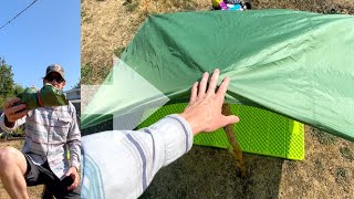 My Emergency Tarp Shelter No Ridgeline No Trekking Pole No Tools [upl. by Shutz]