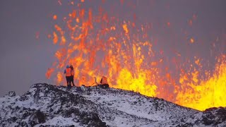 Drone footage of Iceland volcano eruption shows spectacular lava flow [upl. by Aihtnis831]