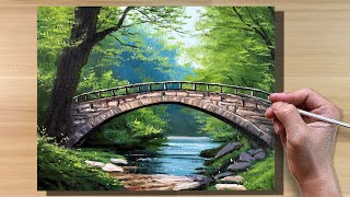 Acrylic Painting Forest Bridge Landscape  Correa Art [upl. by Werby]