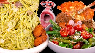 Basil Pesto Pasta amp Green Bean Tomato Salad Eating Show  REALMOUTHs ASMR MUKBANG [upl. by Atwekk]