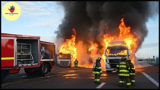 2 large trucks burned down due to stupid gas explosion  Rescue scene recorded by camera [upl. by Vanden115]