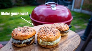 UK Dry aged beef burgers on a Weber kettle BBQ [upl. by Huskamp140]