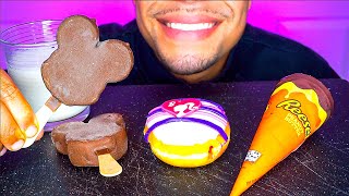 DISNEY MICKEY MOUSE BARBIE REESES PEANUT BUTTER CONE ICE CREAM DONUT EATING MOUTH SOUNDS ASMR CANDY [upl. by Clywd]