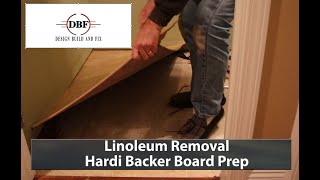 Linoleum Removal and Hardiebacker Board Prep for half bath remodel [upl. by Magnus]