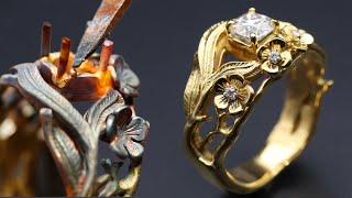 custom floral style engagement ring  making 18K gold engagement ring [upl. by Assyn]