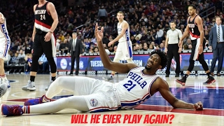 Joel Embiid meniscus tear injury full clip  76ers vs Trail Blazers  2017 [upl. by Aihsilat]