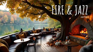 Crackling Fireplace amp Smooth Jazz Instrumental 🍂 Warm Jazz Music at Cozy Fall Coffee Shop Ambience [upl. by Natye]