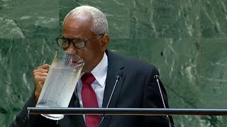 Haitian President spills giant jug of water during UN speech [upl. by Hizar]