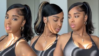 How To Sleek Mid Ponytail On Natural HairBarbie Ponytail With Swoop [upl. by Dlopoel]