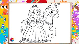 How to Draw a Girl with Horse Easy StepByStep Drawing and Coloring for Kids and Toddlers [upl. by Thirzia845]