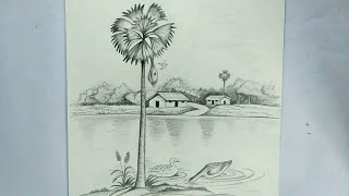 how to draw a village scenery  palmyra palm tree drawing [upl. by Yoong254]