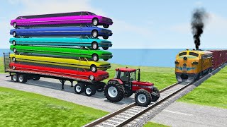 Double Flatbed Trailer Truck vs Speedbumps Train vs Cars  Tractor vs Train BeamngDrive 050 [upl. by Lachlan]