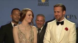 Golden Globes 2017 La La Land Backstage Interview with Ryan Gosling Emma Stone amp Damien Chazelle [upl. by Ahsitnauq]