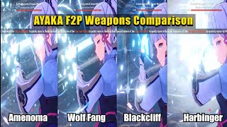 Best F2P Weapon for Ayaka  Amenoma Kageuchi vs Wolf Fang vs Blackcliff Longsword vs Harbinger Dawn [upl. by Adikram]