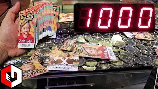 WINNING ALL THE CARDS 1000 Play Challenge at Willy Wonka Coin Pusher Golden Ticket JACKPOT WIN [upl. by Eibob]