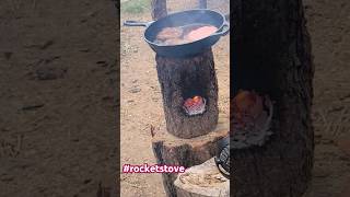 cooking with a diy rocket stove made from a log camping [upl. by Esaertal336]