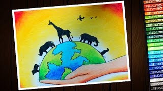 How to draw save wildlife Biodiversity poster with oil pastel  step by step [upl. by Yetnom653]