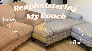 LIVING ROOM MAKEOVER Part 1 Reupholstering Thrifted Sofa for Under 200  DIY Couch Reupholstery [upl. by Huckaby]