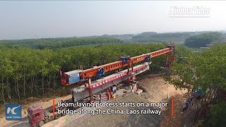 Beams being laid on major bridge along ChinaLaos railway [upl. by Htebsle]