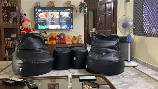 Combo lounger xxxl bean bag amp round pouffe  Pepperfry bean bag  black  Review in telugu under 4K [upl. by Eanrahc164]