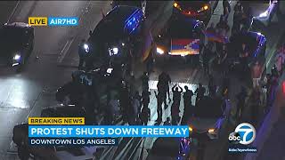 Protesters block 101 Freeway near downtown LA over ArmeniaAzerbaijan conflict [upl. by Mundy]