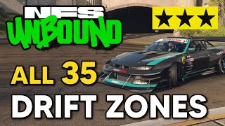 Need for Speed Unbound  ALL 35 Drift Zone Locations All 3 Stars amp Rival Scores Beaten [upl. by Bibbye]