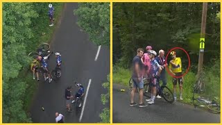 HUGE CRASH 🚴💥 Remco Evenepoel amp Primoz Roglic DOWN at Critérium du Dauphiné [upl. by Noelc260]