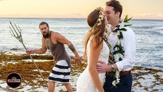 Jason Momoa Photobombs Couples Wedding Pics with Aquaman Trident [upl. by Annaes609]