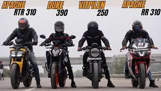 2024 Duke 390 vs Apache RTR 310 vs Apache RR 310 vs Husqvarna Vitpilen 250 Drag Race [upl. by Ranilopa547]