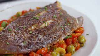 Panfried lemon sole with tomato olive and caper sauce [upl. by Haym]