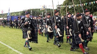 Lonach Highlanders arrive at the 177th Lonach Highland Games in Strathdon Scotland Aug 2018 [upl. by Obrien]