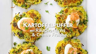 Kartoffelpuffer mit Räucherlachs und Crème Fraîche  Reibekuchen Rezept [upl. by Erdnuaed]