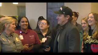 Actor Jeremy Renner returns to hospital to thank staff who helped save his life [upl. by Sukul]