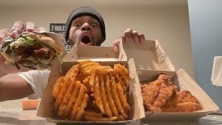 delicious mukbang cheddar bacon cheeseburger waffles fries amp chicken tenders [upl. by Cohn]